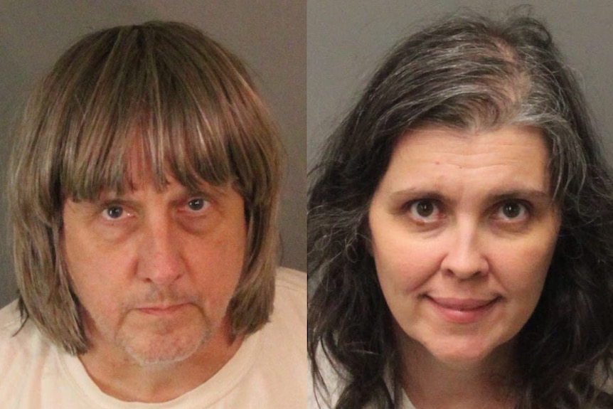 A side-by-side image of mugshots of a dishevelled looking David Turpin and Louise Turpin