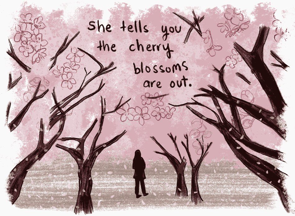 She tells you the cherry blossoms are out.