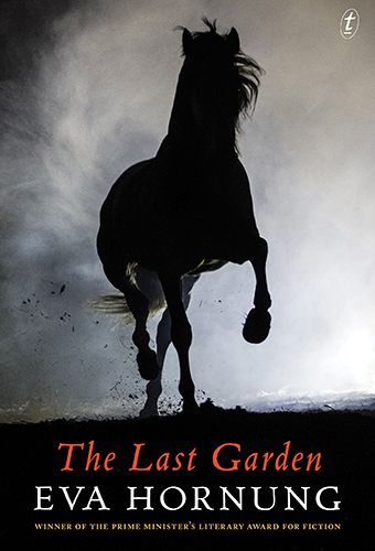 A book cover on which the silhouette of a galloping horse is emerging from mist.