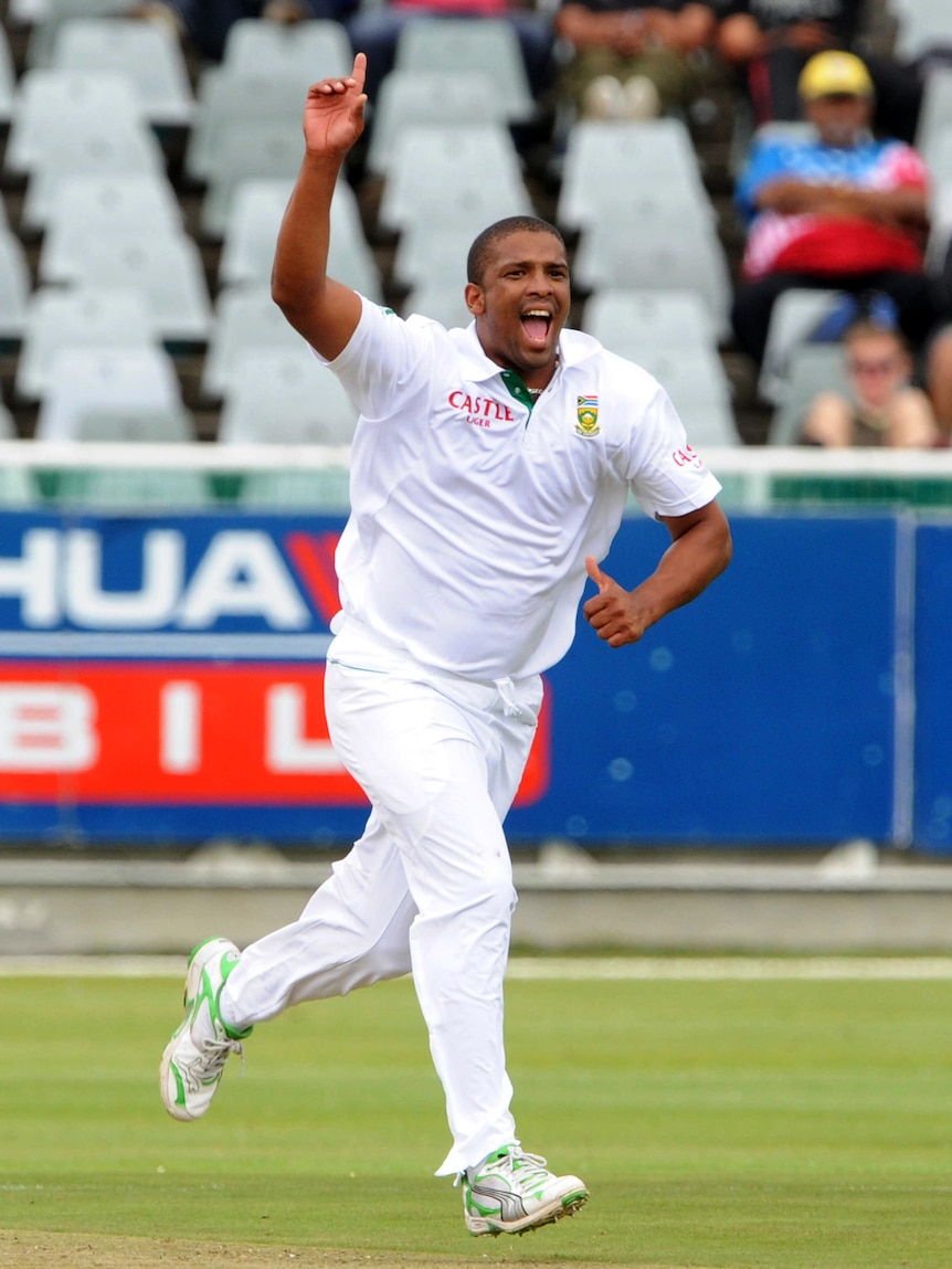 Vernon Philander's claimed Phil Hughes's scalp for his first wicket in Test cricket, leaving Australia reeling at 2 for 13.