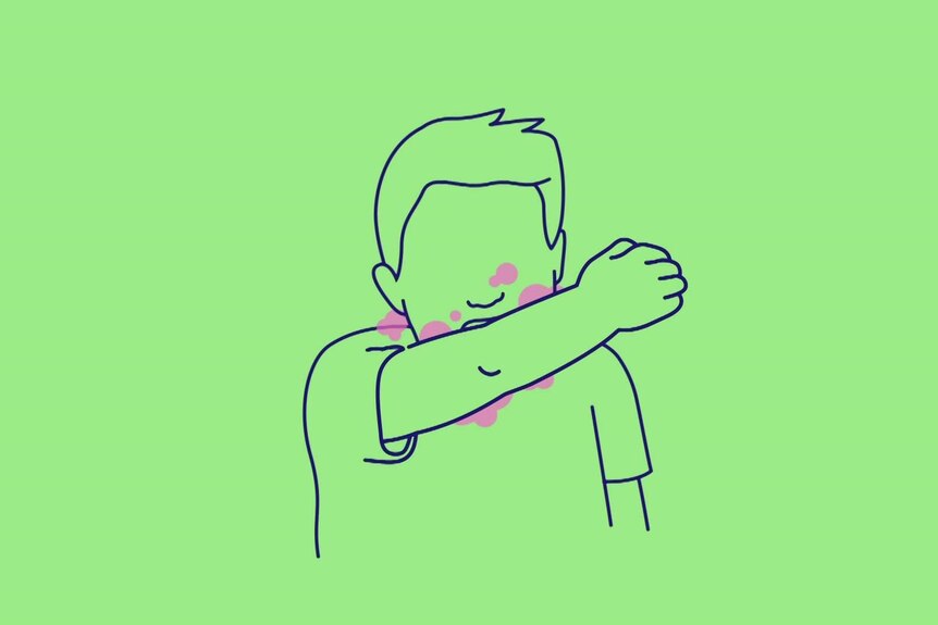 The depiction of a person coughing or sneezing into their elbow. It's on a green background, and germs are coloured purple.