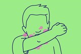The depiction of a person coughing or sneezing into their elbow. It's on a green background, and germs are coloured purple.