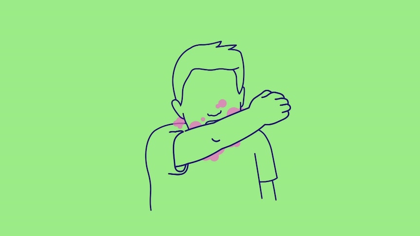 The depiction of a person coughing or sneezing into their elbow. It's on a green background, and germs are coloured purple.