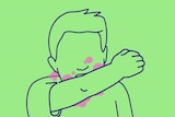 The depiction of a person coughing or sneezing into their elbow. It's on a green background, and germs are coloured purple.