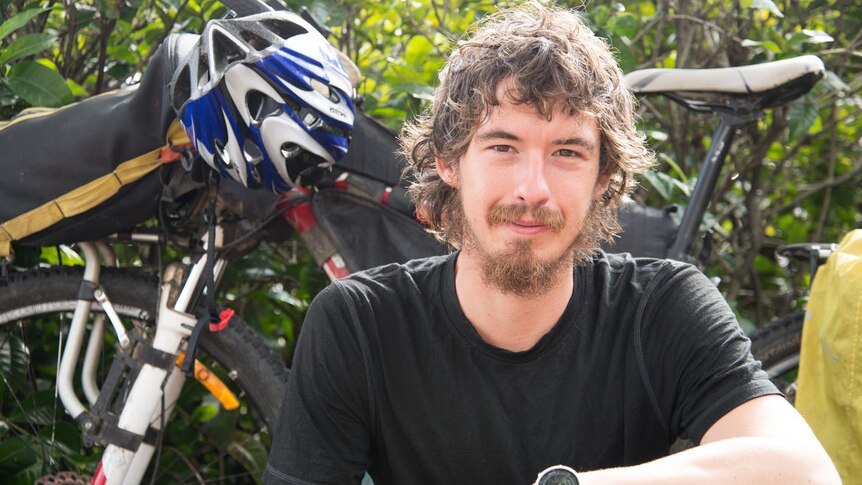 Vincent Brouillet at the end of his mountain bike ride from Victoria to Queensland