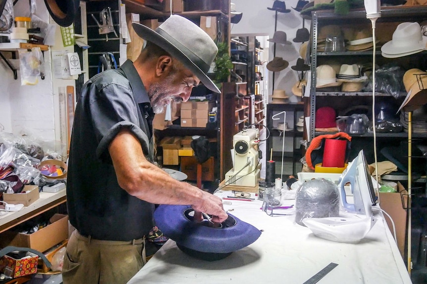 Michael Albert making hats in his workshop in Fitzroy