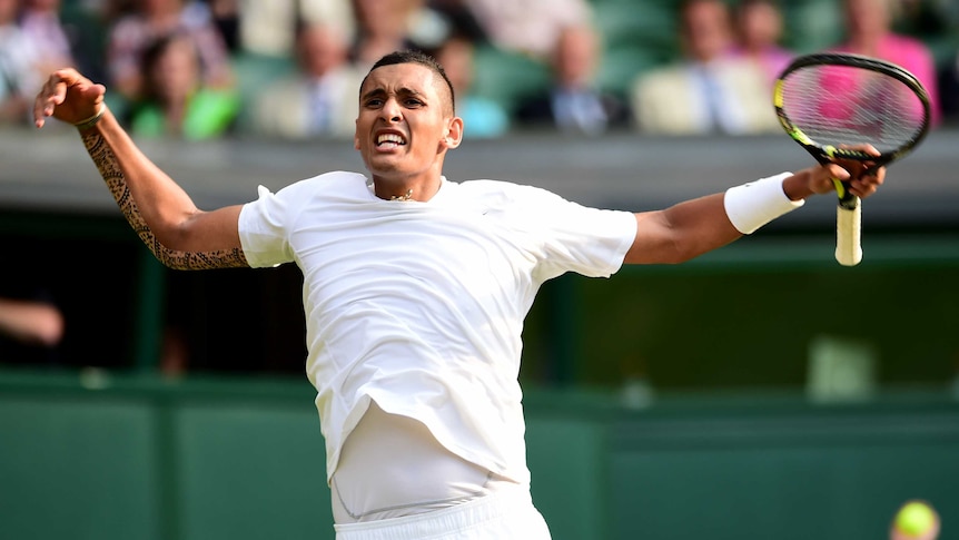 Nick Kyrgios celebrates against Rafael Nadal at Wimbledon