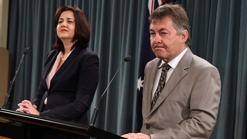 Grantham inquiry commissioner Walter Sofronoff and Premier Annastacia Palaszczuk face the media