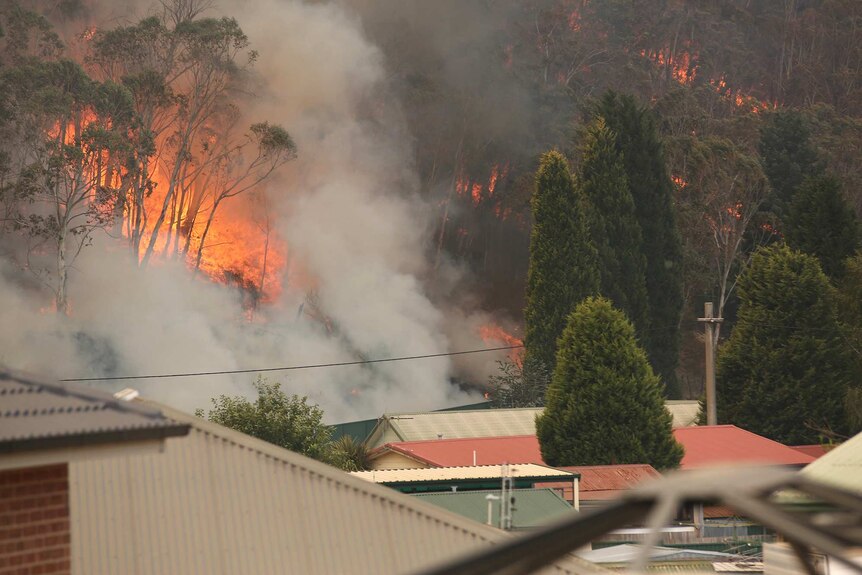 Flames and smoke from a bushfire loom up in the background near houses visible by their rooves in the foregroud.