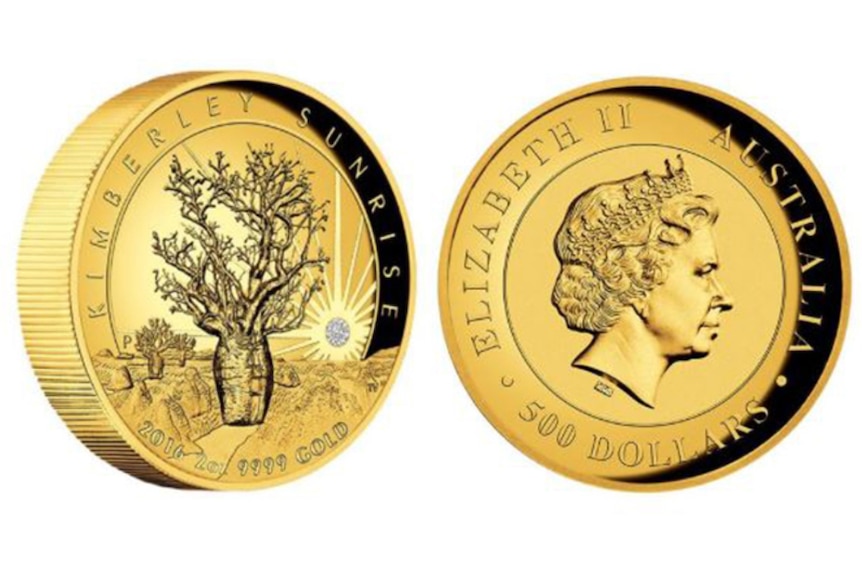 A composite image showing the two sides of a Kimberley Sunrise 2016 gold coin from Perth Mint.