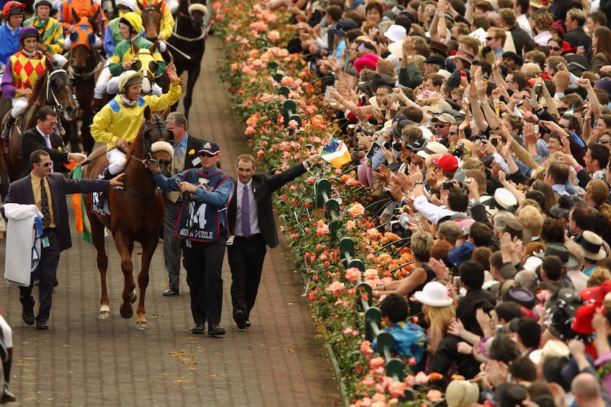 A jockey waves to the packed crowd as he walks his horse back to the mounting yard after winning a big race.