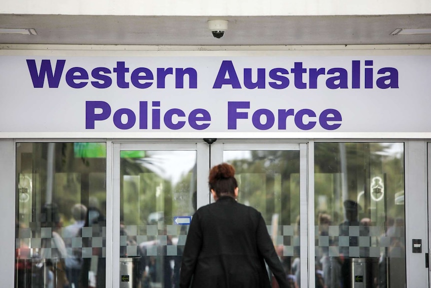 Western Australia Police Force sign over the doors of police headquarters in Perth.