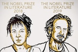 A line-art illustration depicting 2018 winner Olga Tokarczuk and 2019 winner Peter Handke