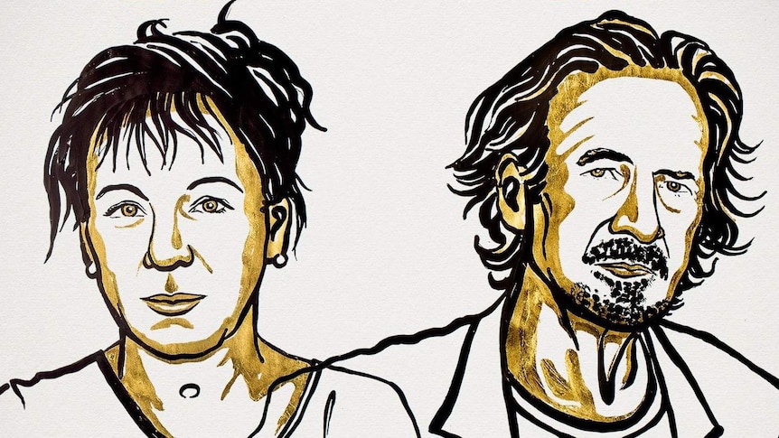 A line-art illustration depicting 2018 winner Olga Tokarczuk and 2019 winner Peter Handke