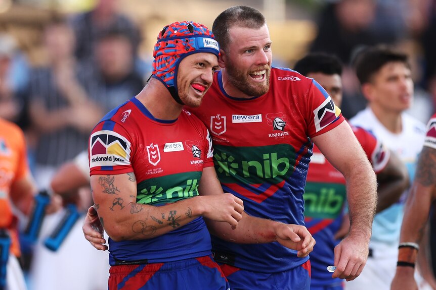 Kalyn Ponga and Lachlan Fitzgibbon smile together