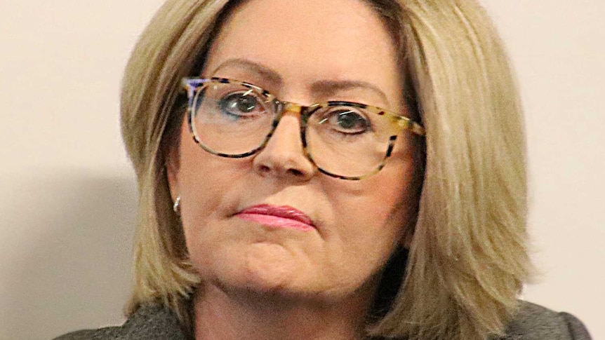 Lisa Scaffidi, in a grey jacket, black top and glasses, sits in a room next to a person in a suit.