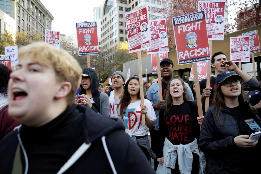 People gather in protest to the election of Republican Donald Trump as the president of the United States.