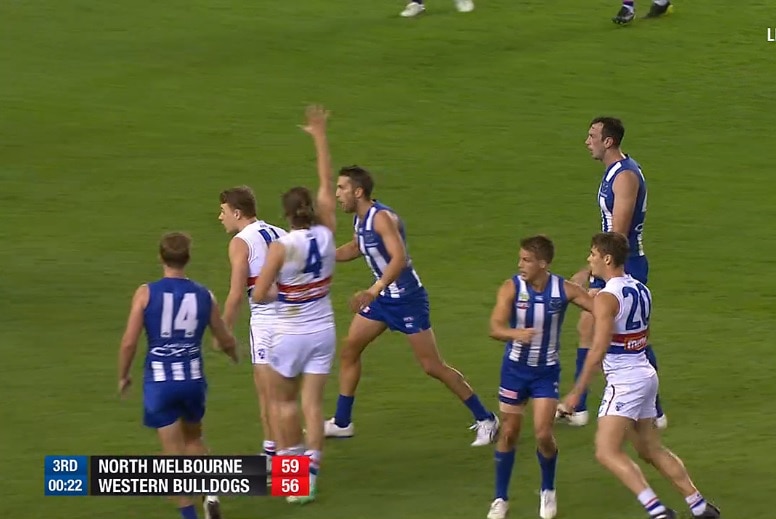 Marcus Bontempelli is seen nominating for the ruck against North Melbourne