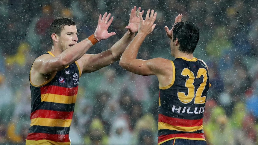Josh Jenkins and Darcy Fogarty give each other a high five during the Crows' encounter against the Bulldogs.