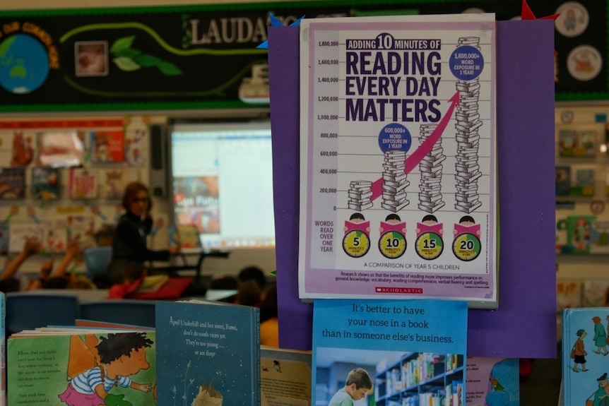 A close-up shot of a library sign which says 'reading every day matters'.