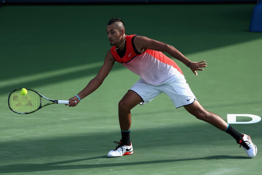 Nick Kyrgios in action against Tomas Berdych in Dubai