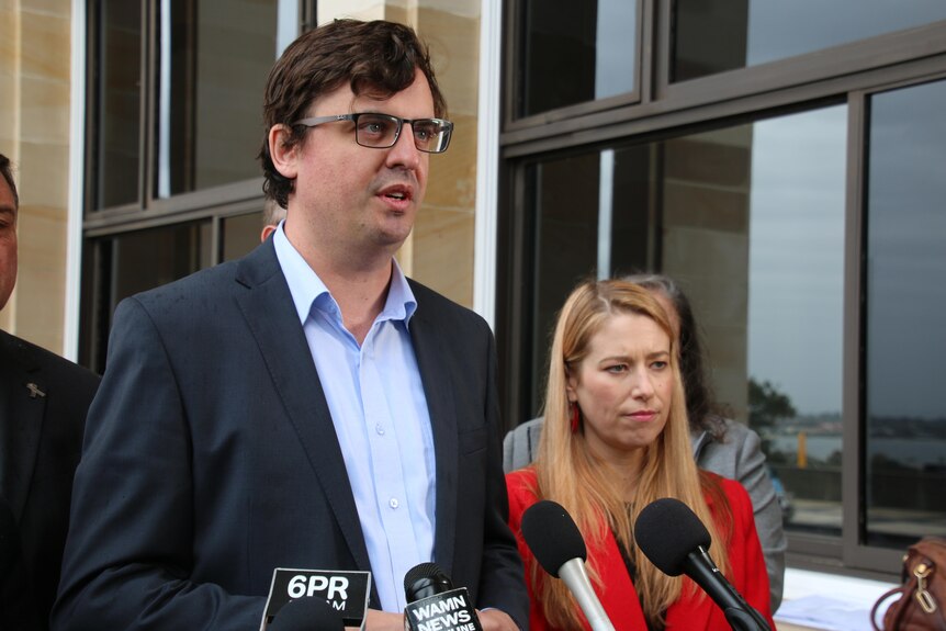 Owen Whittle addresses media at WA Parliament