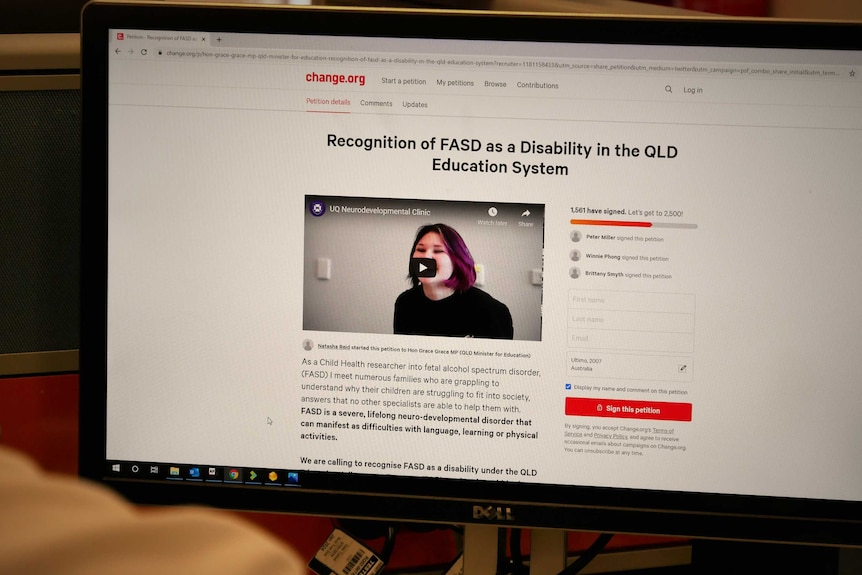 A change.org webpage, the headline reads "recognition of FASD as a Disability in the QLD Education System".