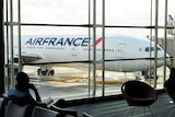 A white airplane with the blue and red logo of Air France is pictured from inside the airport Paris Charles de Gaulle.
