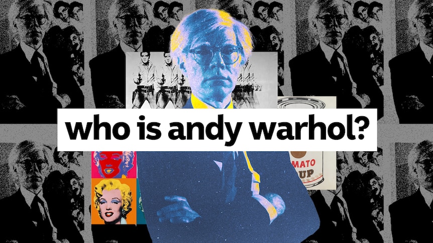 Collage of Andy Warhol artwork and a photo of him with no expression wearing a suit with his arms folded.