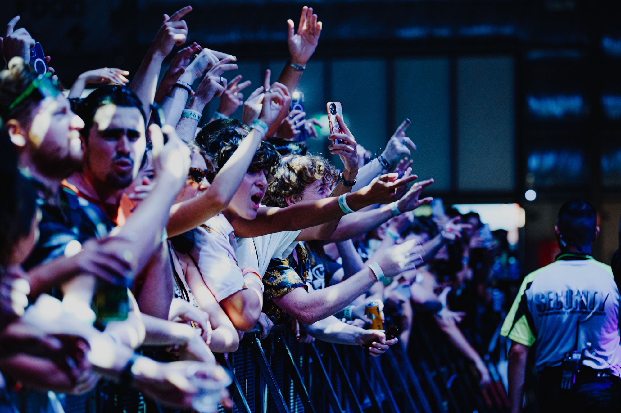 A festival crowd hangs over the front barrier with their arms up and some singing