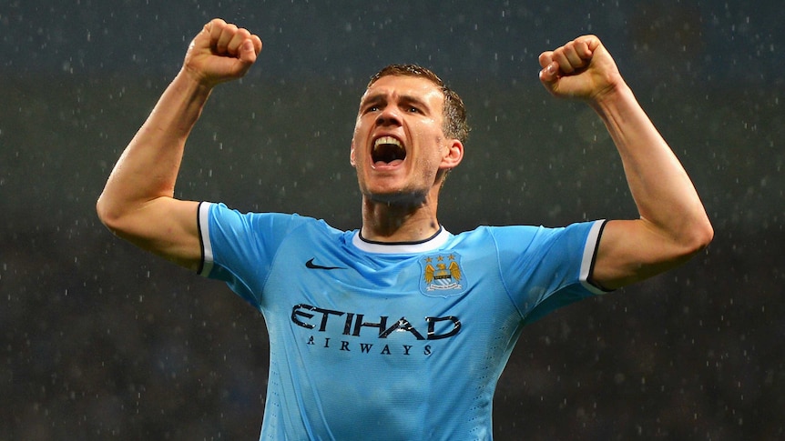 Edin Dzeko celebrates a goal for Manchester City