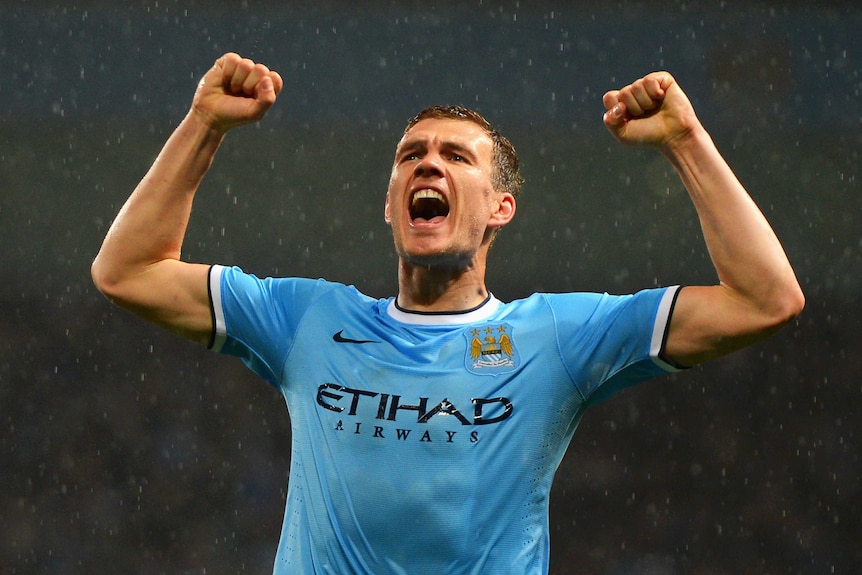 Edin Dzeko celebrates a goal for Manchester City