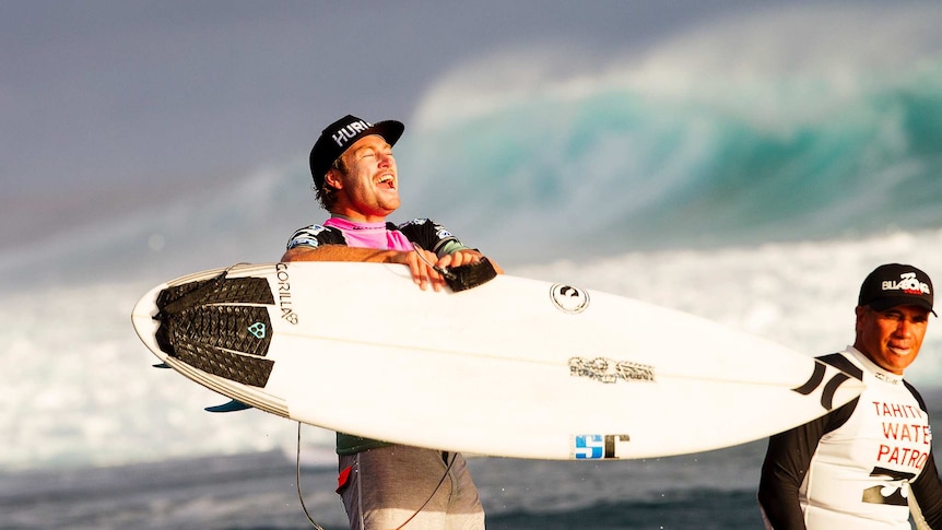 Adrian Buchan jubilant after winning the Billabong Pro in Tahiti