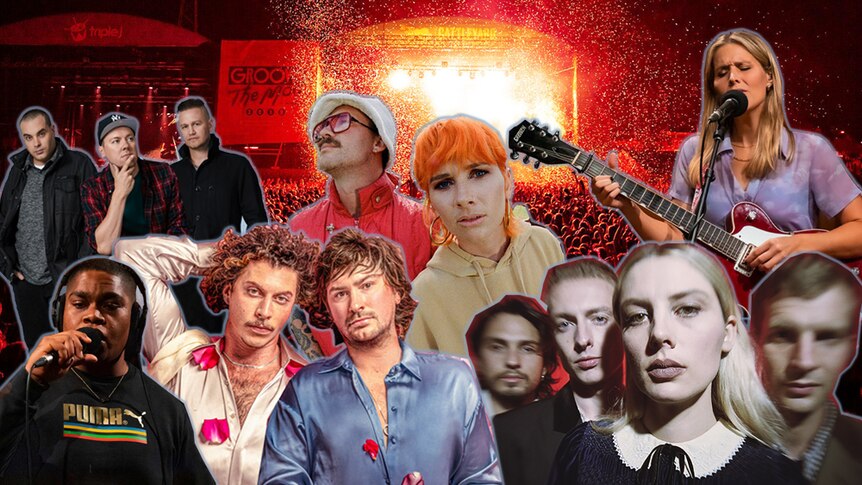 A collage of the Groovin The Moo 2022 line-up: Hilltop Hoods, JK-47, Middle Kids, BROODS, Peking Duk, Wolf Alice