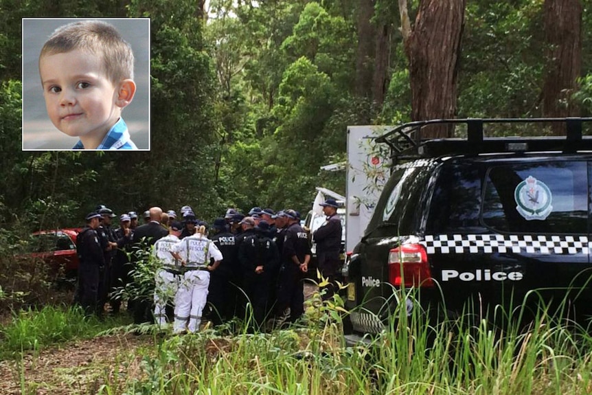 The NSW Homicide Squad search bushland on the NSW Mid-North Coast for missing three0year-old William Tyrrell [inset], on March 2, 2015.