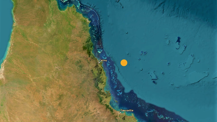 A yellow dot on a map of northern Australia indicating where an earthquake hit