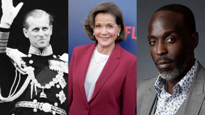 A composite image of a young Prince Philip, Jessica Walter and Michael K Williams.