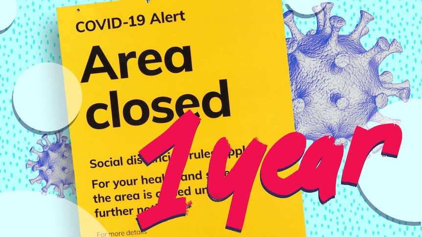 A sign saying 'COVID-19 Alert, Area Closed'. 3D models of COVID-19 in the background.