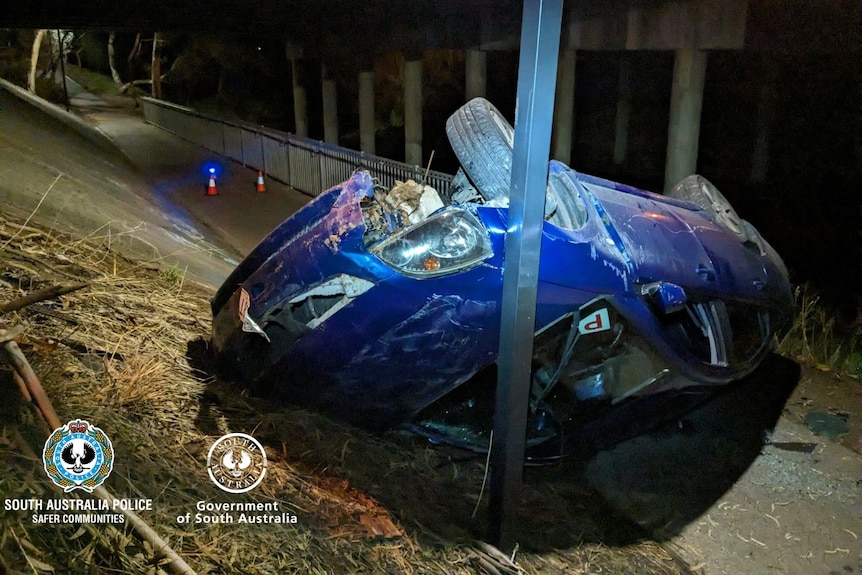 A blue sedan upside down and landed on a light post on a bike and pedestrian path.