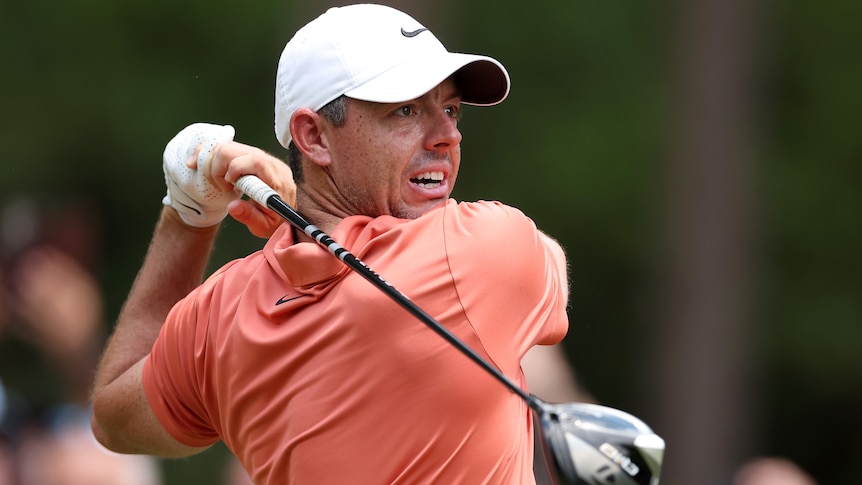 Rory McIlroy hits a tee shot at the 2024 US Open.