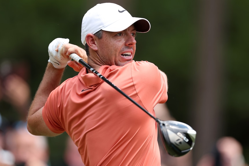 Rory McIlroy hits a tee shot at the 2024 US Open.