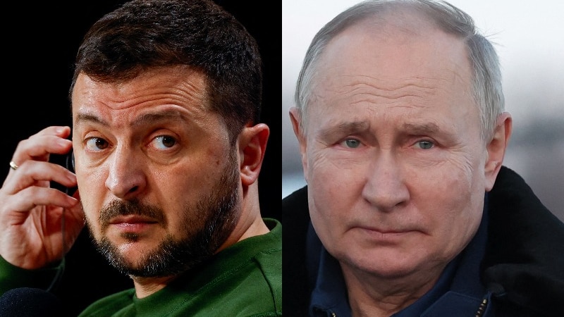 A composite image of Volodymyr Zelenskyy and Vladimir Putin