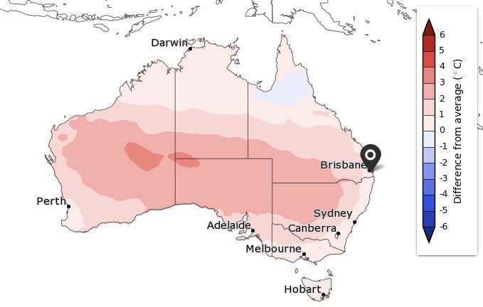 The BOM outlook shows how many degrees above normal can be expected, on average.
