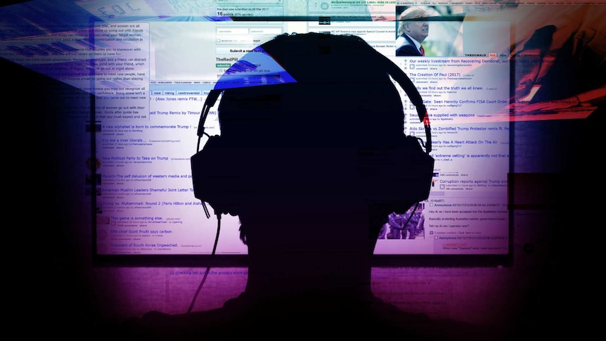 A collage of images over a silhouette of a person with headphones looking at a computer monitor.