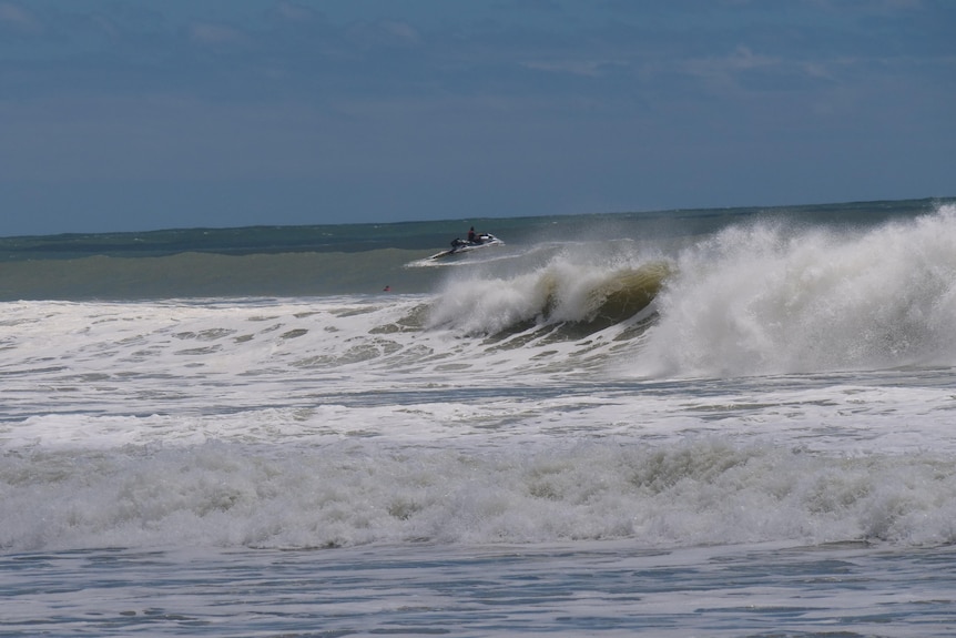 Jet ski riders at Maroochydore as strong waves from ex-Tropical Cycline Seth hit the coast on Monday, January 3, 2022