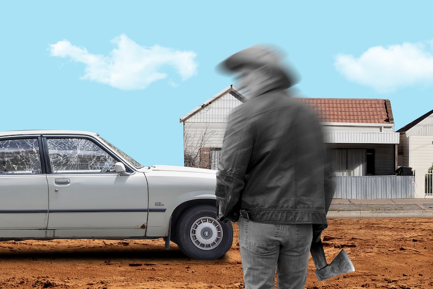 A composite image of a man in black and white in the foreground, wielding an axe. Behind is a smashed car, red dirt and a ho