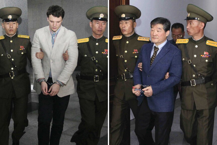 Photos of US citizens Otto Warmbier and Kim Dong Chul. Both were sentenced to hard labour by North Korea.