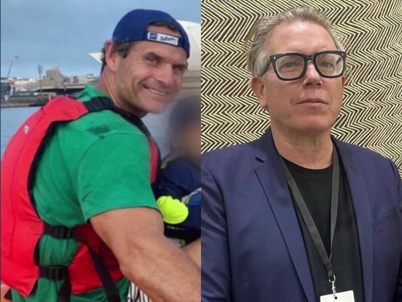 a composite image of two men one wearing glasses the other wearing a cap backwards looking at the camera