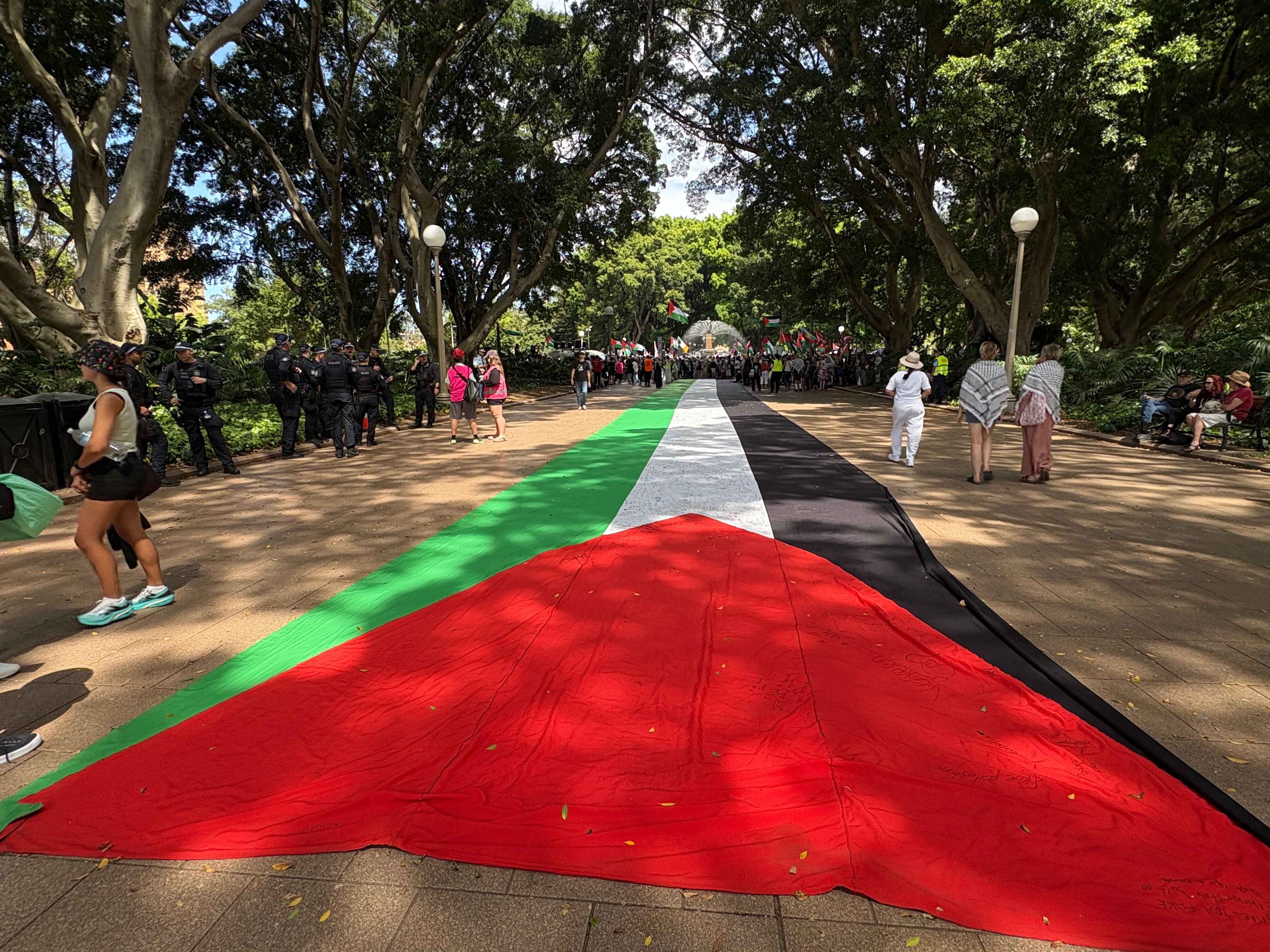 Long Palestinian flag under trees in Sydney's Hyde Park