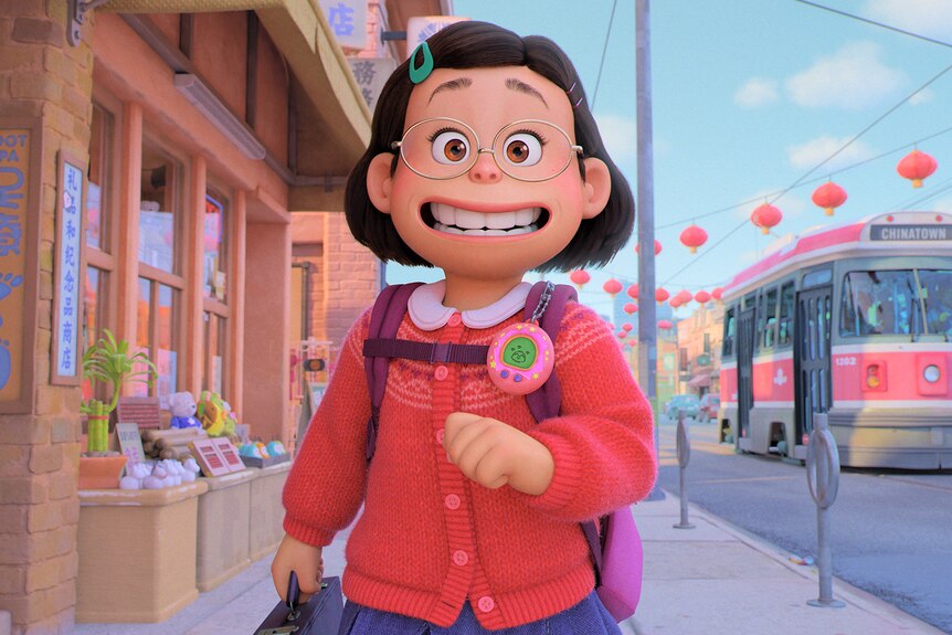 Animated teen girl with short brown hair walking down street grinning with circular glasses, purple backpack and pink cardigan.